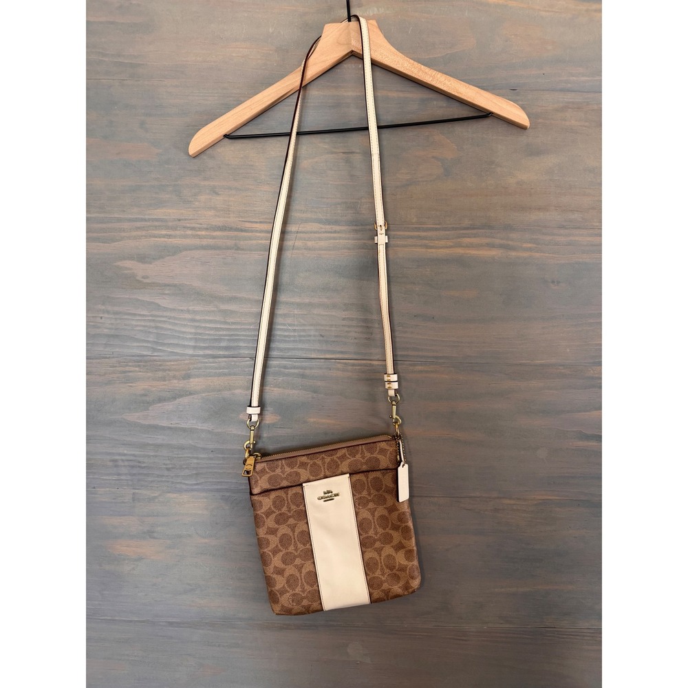 Coach Kitt Messenger Crossbody Bag Signature Canvas Colorblock Brown Cream 41321